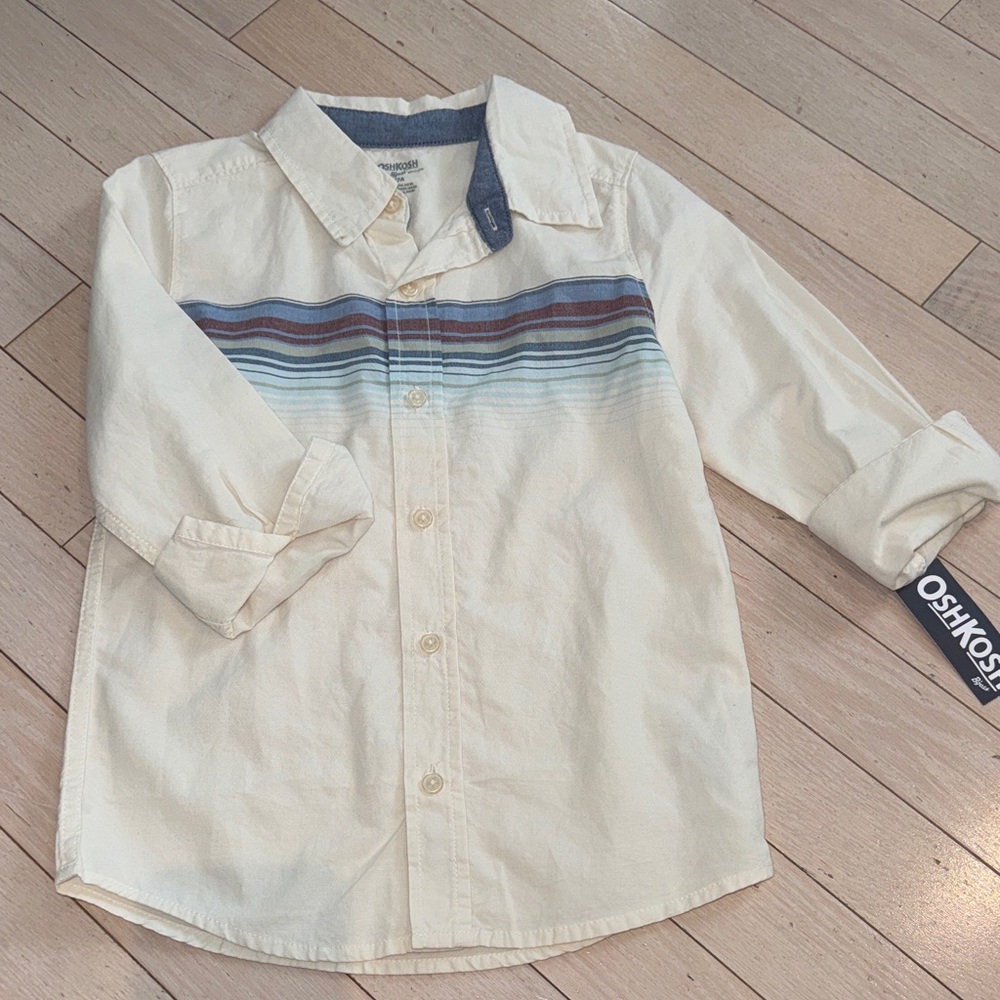 OshKosh B'gosh Boys Cream Shirt with Blue and Brown Stripes
